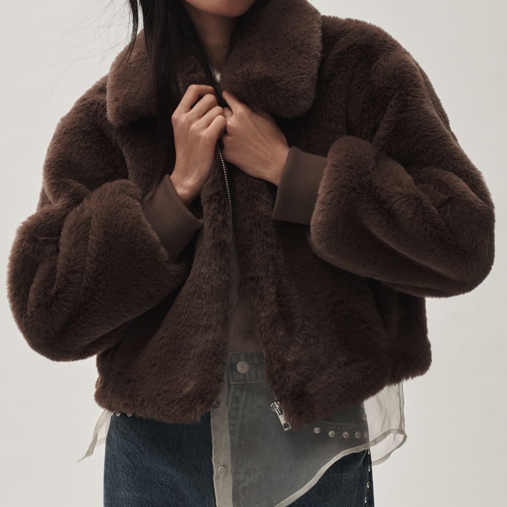Anthropologie Maeve Brown Cropped Faux Fur Jacket